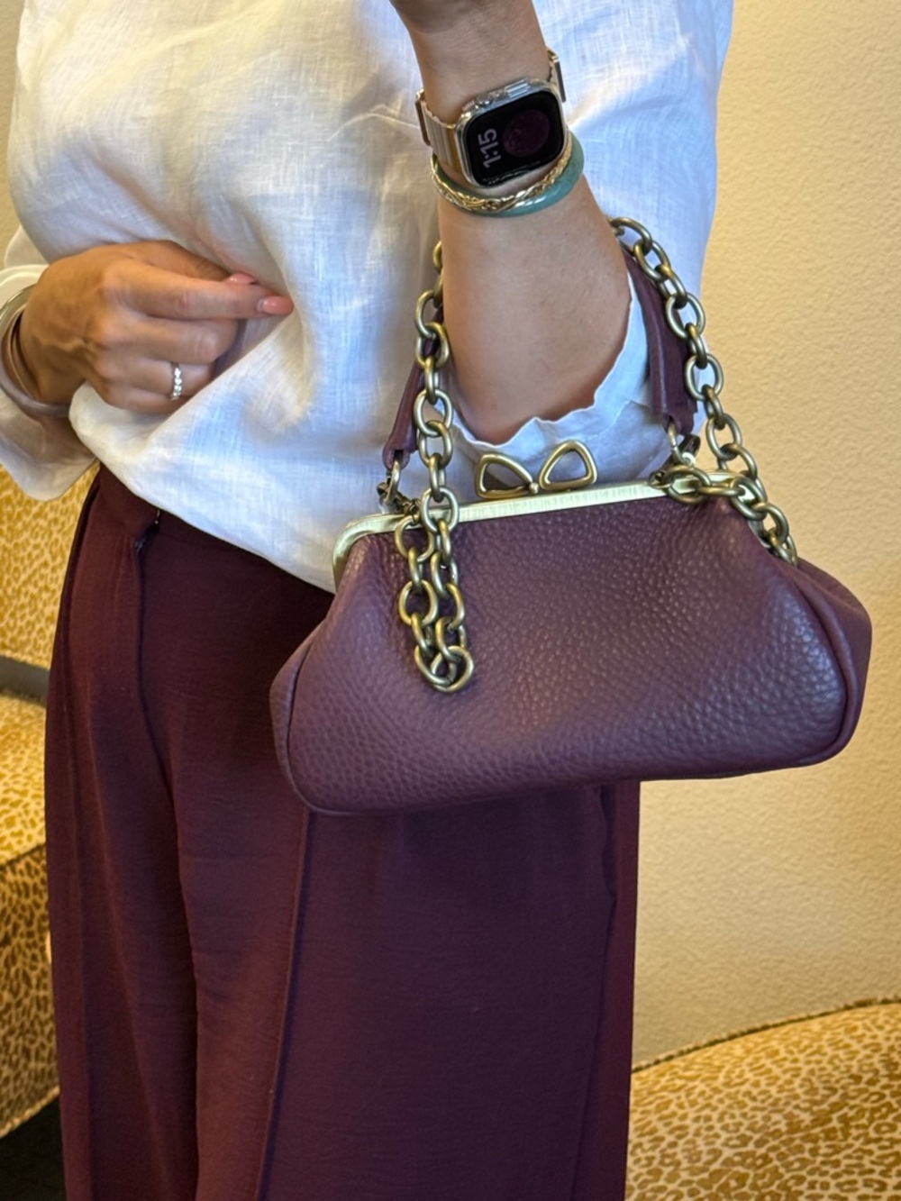 HANDMADE Burgundy/Plum Leather Satchel/Shoulder Bag w Bow Kisslock Gold hardware - Picture 5 of 16